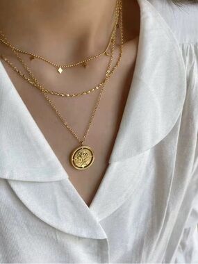 18K Gold Plated Double Layer Geometric Charms Dainty Chain Necklace